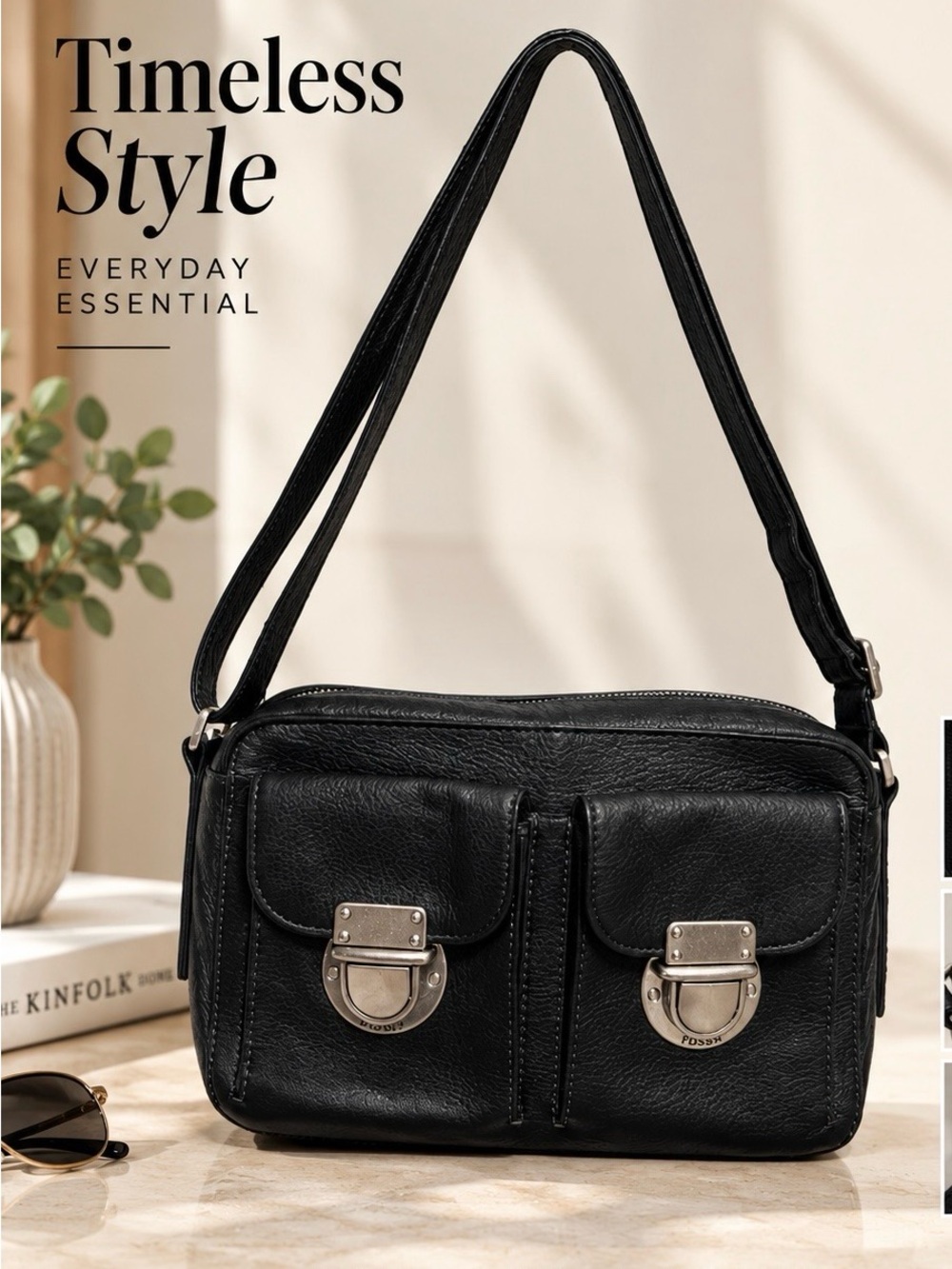 Y2K Fossil Riley black crossbody leather bag purse 6.25” * 9.75” * 2”